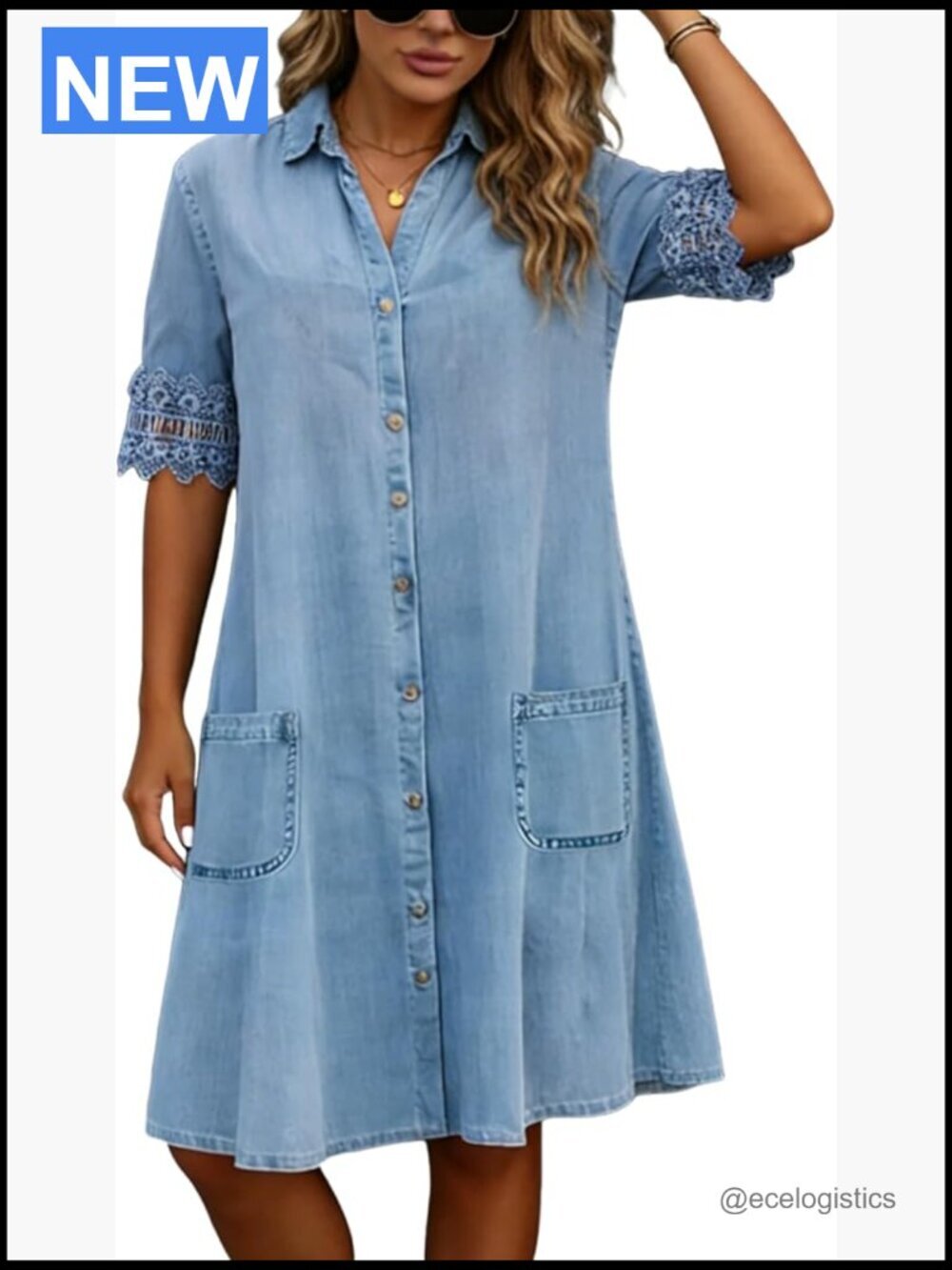 Casual Denim Shirt Dress with Lace Trim Button Down Midi Dress